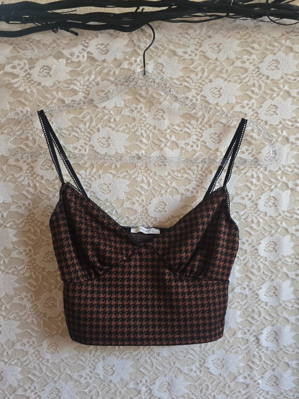 Brown & Black Houndstooth Cropped Camisole - Y2K - Whimsygoth - Dark Academia